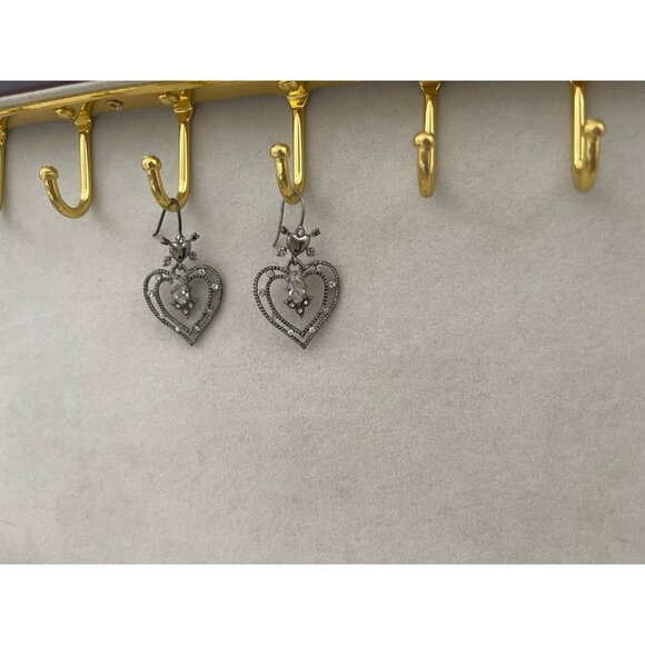 Vintage Juicy Couture Heart Crystal Drop Earrings Silver Tone Rhinestone Dangle - Picture 3 of 3
